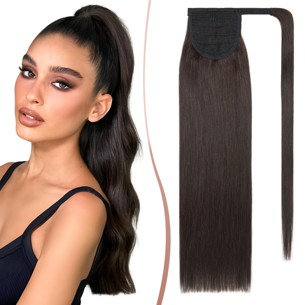 Elailite Unisex Brown Human Hair Ponytail Extension Straight - Wrap Around Clip In Real Hair Ponytail 100% Remy Hair (#2 Dark 14 Inch)