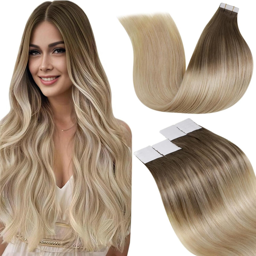 Laavoo Unisex Brown Tape In Hair Extensions Human Hair Blonde Tape In Hair Extensions Real Human Hair Balayage To Ash Blonde Remy Straight Invisible Tapes