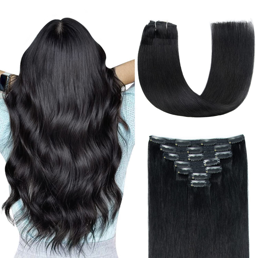 Agmity Unisex Black Clip In Jet 16 Inch 7Pcs 120G 100% Real Remy Human Hair Seamless Double Weft Straight Hair Extensions