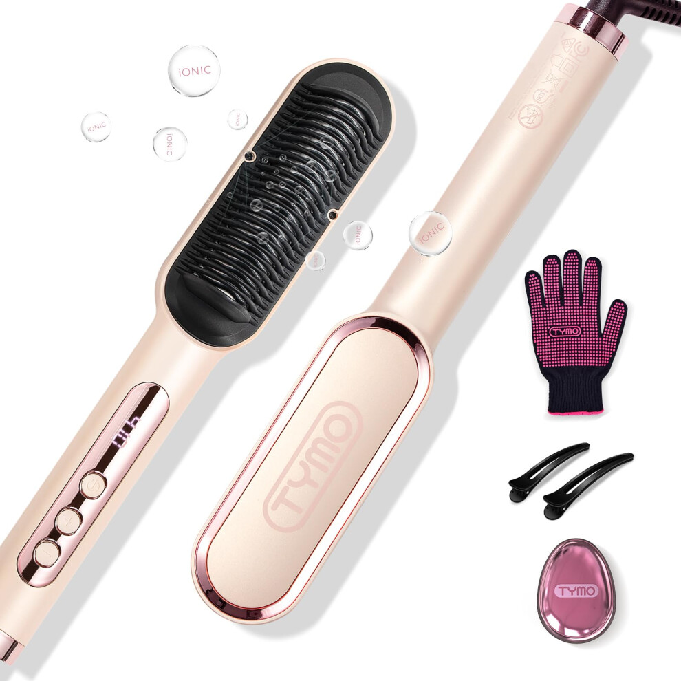 TYMO Hair Straightener Comb Plus - Hair Straightening Brush & Iron with Nano Titanium Coating for Even Heat, 9 Temperature Settings & LED Screen,