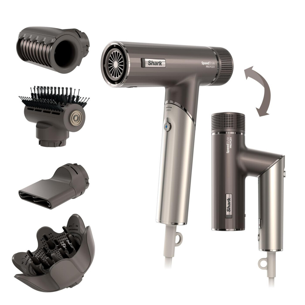 Shark SpeedStyle Pro FLEX Hair Dryer, High Performance High-Velocity Hair-Dryer w/ 4 Styling Attachments, Lightweight, Ionic, No Heat Damage, Folding