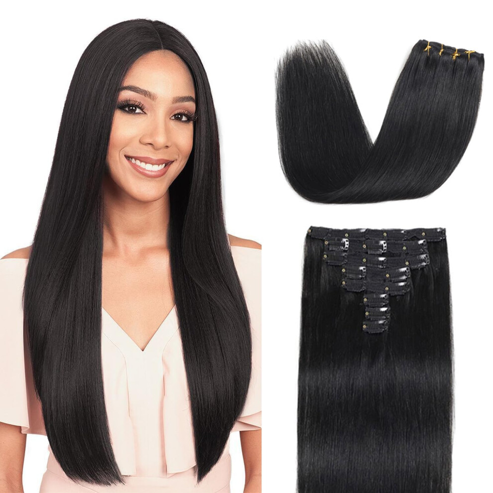 Qxrm Unisex Clip In Hair Extensions Real Human Hair Straight Real Remy Human Hair 8Pcs 100G Double Weft Remy Real Human Hair Clip In Extensions (#1B Natural