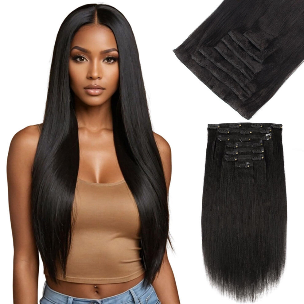 Yuniffe Yaki Straight Clip in Hair Extensions for Black Women Real Human Hair Extensions Clip ins #1B Natural Black Double Weft Remy Yaki Hair Clip