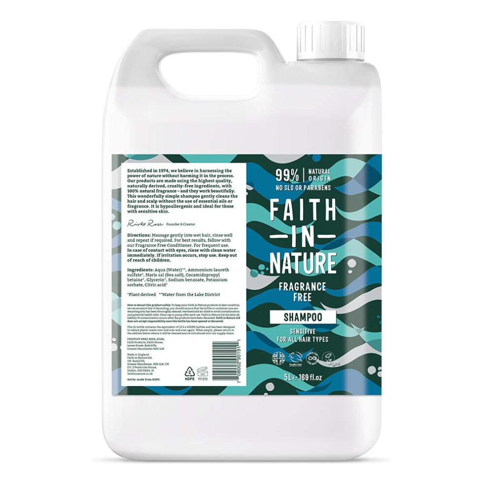Faith In Nature Natural Fragrance Free Shampoo, Sensitive, Vegan and Cruelty Free, No SLS or Parabens, For All Hair Type, 5L Refill Pack