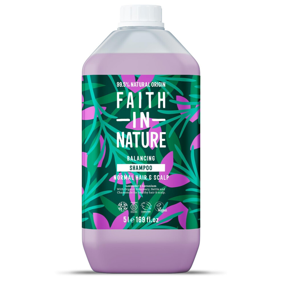 Faith In Nature Natural Lavender & Geranium Shampoo, Balancing for Normal Hair & Scalp, Vegan & Cruelty Free, No SLS, Silcones or Parabens, 5L Refill