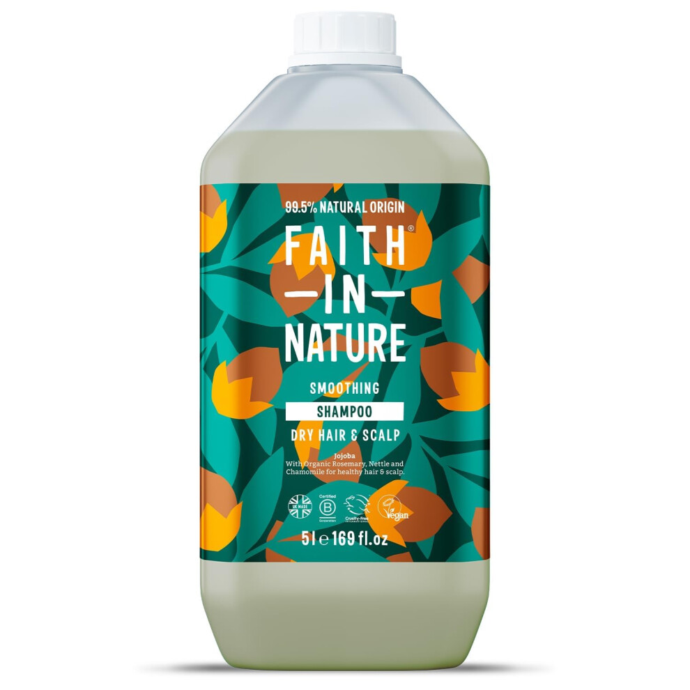 Faith In Nature Natural Jojoba Shampoo, Smoothing for Dry Hair & Scalp, Vegan & Cruelty Free, No SLS, Silicones or Parabens, 5L Refill Pack