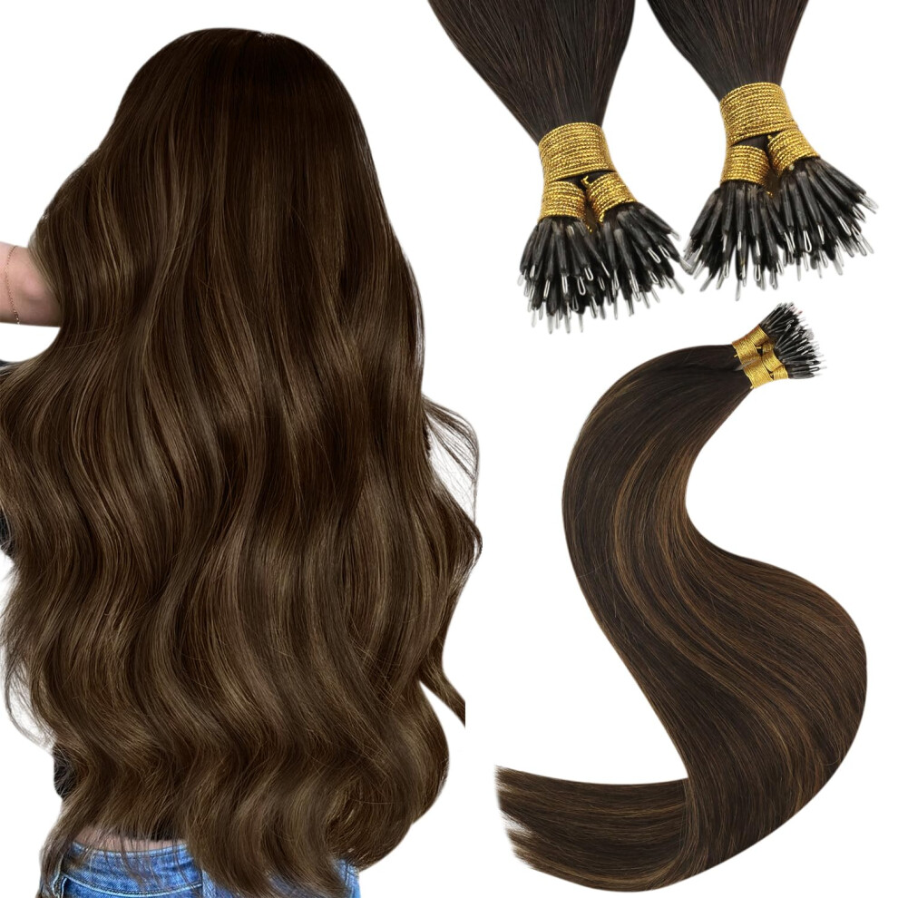 Youngsee Nano Hair Extensions Balayage Nano Ring Hair Extensions Brown With Dark Brown Balayage Undetectable Cold Fusion Pre Bonded For Daily Wear