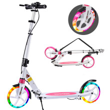 TENBOOM Adult & Kids Foldable Scooter, 2-Wheel Kick Scooter with Handbrake, Bell & LED Wheels, Height Adjustable (88/95/102 cm), White