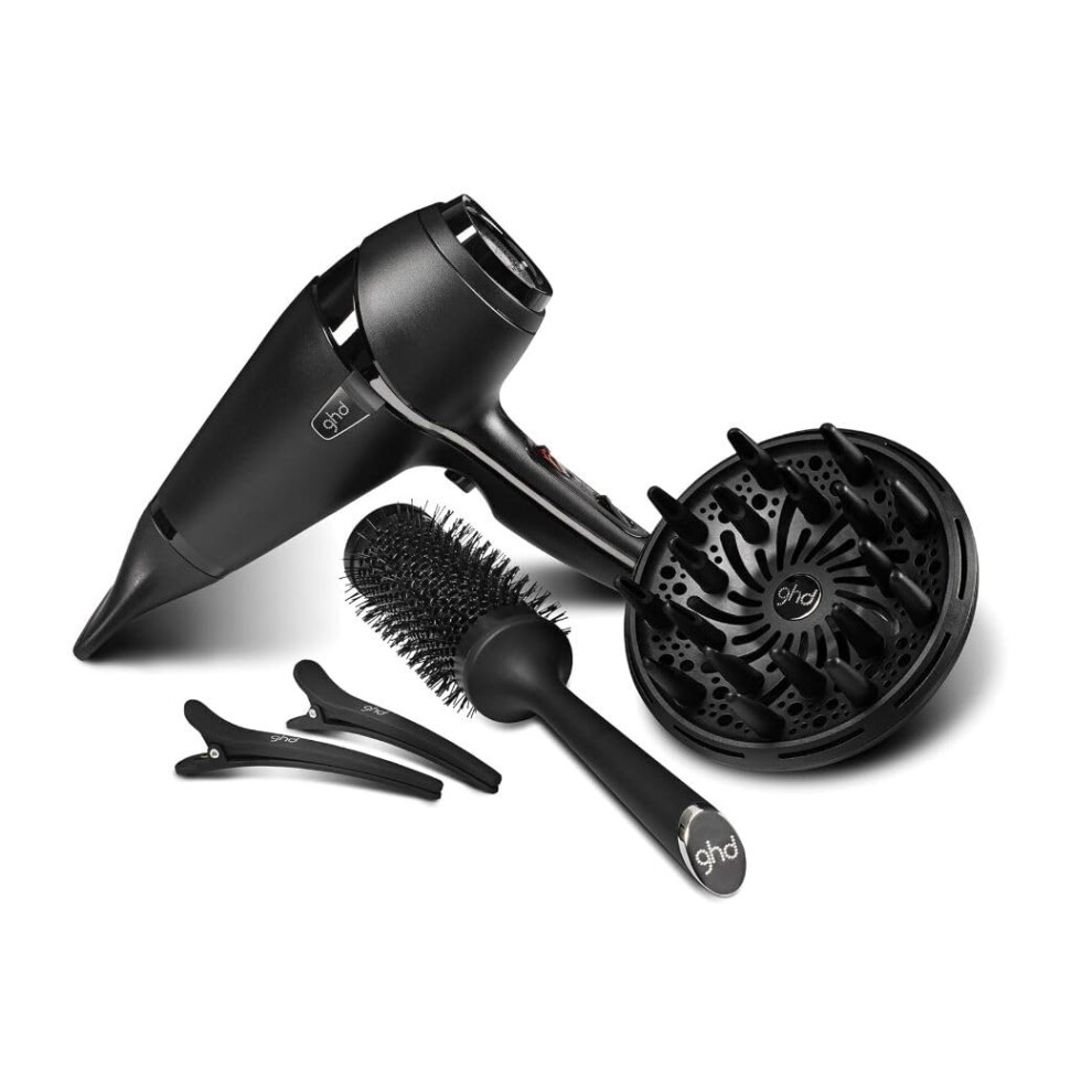 ghd Air Hair Drying kit- Professional Hairdryer, with ghd Diffuser, Wide Nozzle, Sectioning Clips and Size 3 Vented Radial Brush (Black)