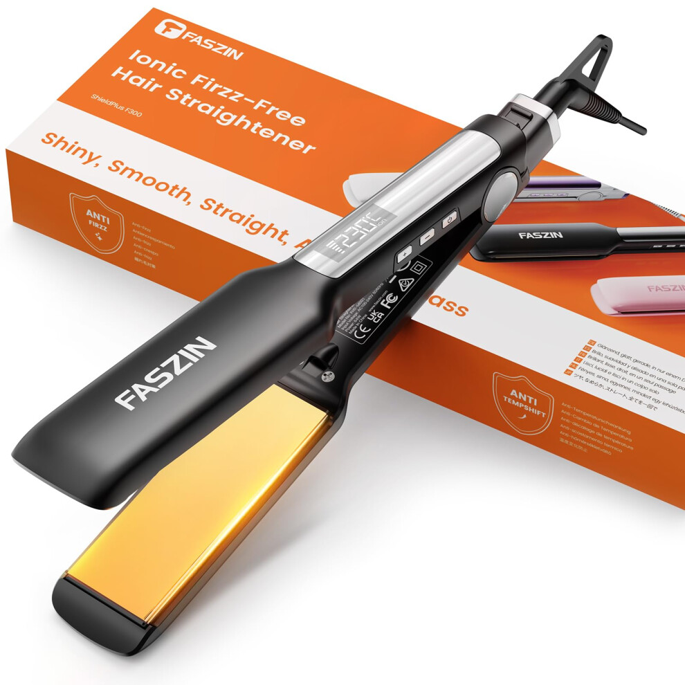 Faszin Professional Hair Straighteners, 42mm Wide-Plate Titanium Negative Ion Flat Iron, 30s Rapid Heating, Real-time Temperature Display, 11