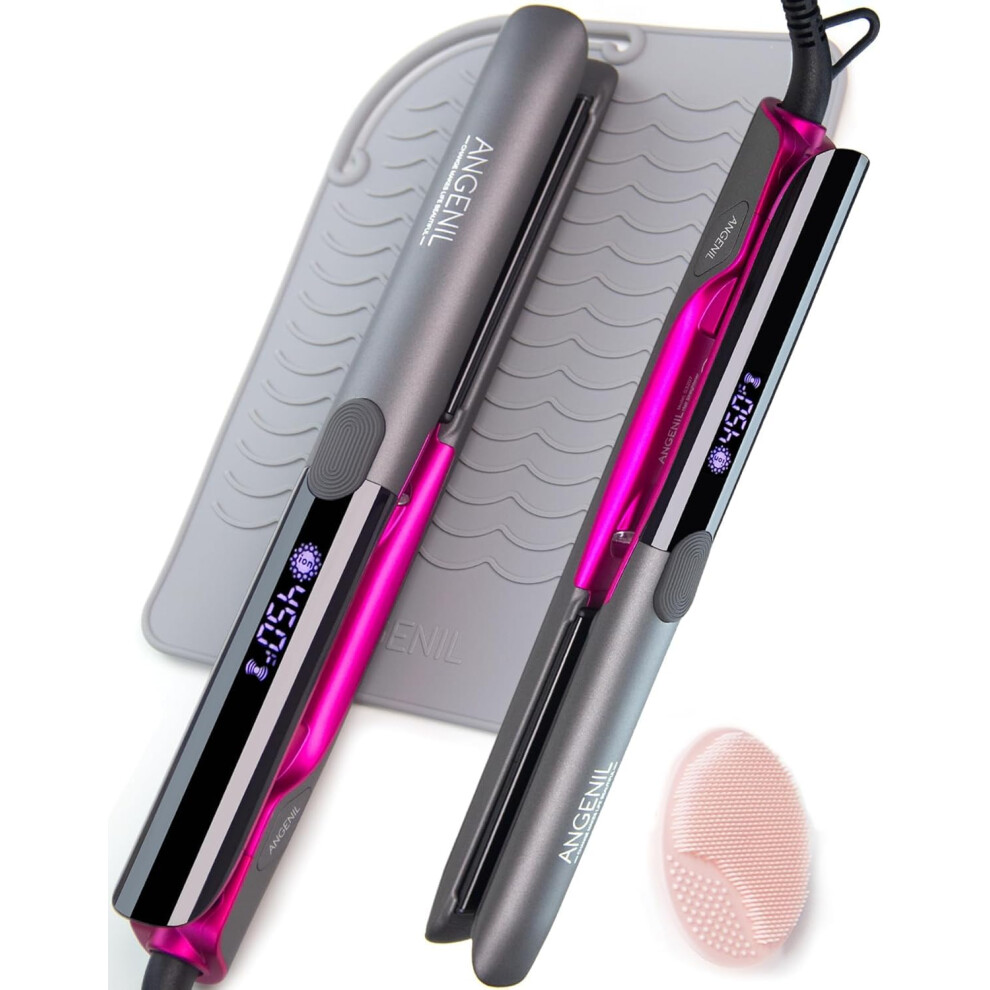 ANGENIL Titanium Hair Straighteners for Women, Heat Mat Hair Straightener, Dual Voltage Flat Iron Travel Straighteners and Curling Iron 2 in 1, 15s
