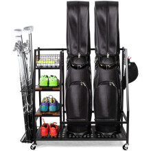 Sttoraboks Golf Storage Rack with Lockable 360? Wheels, Heavy-Duty Metal Golf Storage Organiser with Wooden Shelves & Hooks, Golf Club Stand for 2