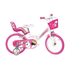 Dino Bikes Unicorn Kids Bike 16-inches, Girls, White/Pink with Doll Seat, Basket and Stabilisers