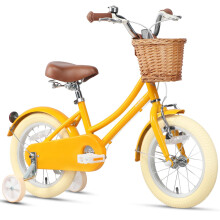 Glerc 12 Inch Kids Girls Bike for 3 4 5 Years Old Little Girls Retro Vintage Style Bicycles with Basket,Stabilisers and Bell,Color Yellow