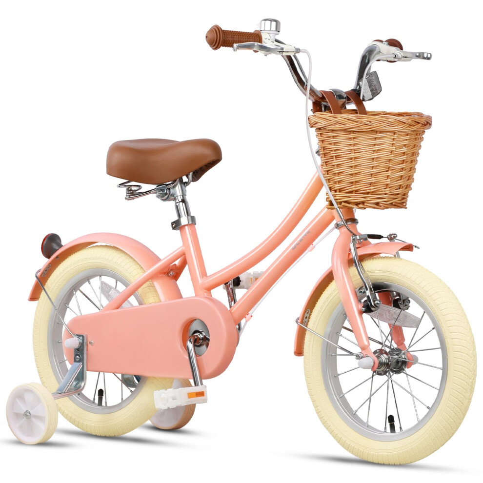 Glerc 12 Inch Kids Girls Bike for 3 4 5 Years Old Little Girls Retro Vintage Style Bicycles with Basket,Stabilisers and Bell,Peach-image-OPC-PH52HNZ-NEW