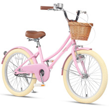 Glerc 20 Inch Kids Girls Bike for 6 7 8 9 10 Years Old Little Girls Retro Vintage Style Bicycles with Basket,Stabilisers and Bell,Color Pink