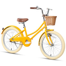 Glerc 20 Inch Kids Girls Bike for 6 7 8 9 10 Years Old Little Girls Retro Vintage Style Bicycles with Basket,Stabilisers and Bell,Yellow