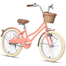 Glerc 20 Inch Kids Girls Bike for 6 7 8 9 10 Years Old Little Girls Retro Vintage Style Bicycles with Basket,Stabilisers and Bell,Peach