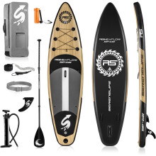 SereneLife 15cm Thick Performance Inflatable Paddle Board, Sleek Woodgrain SUP with Speed-Focused Design, Non-Slip Deck, Wide Stance & Premium