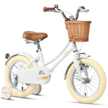 Glerc 14 Inch Kids Girls Bike for 3 4 5 Years Old Little Girls Retro Vintage Style Bicycles with Basket Stabilisers,Stabilisers and Bell, Color White