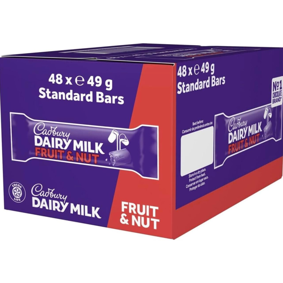Cadbury Dairy Milk Chocolate Fruit & Nut Bar, 49G (Pack Of 48) (192 Bars (4 Boxes))