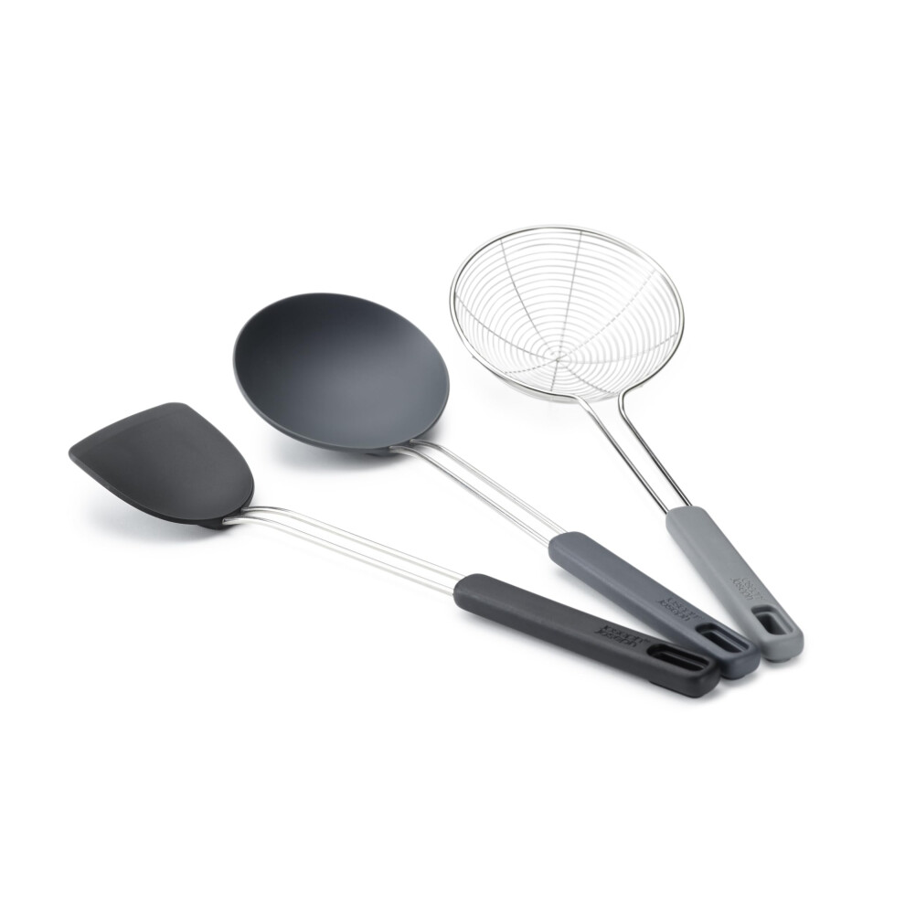 Joseph Joseph Nest Fusion Compact Wok Silicone Turner  Silicone Spoon and Wire Skimmer Set  One Size  Black  3-Piece