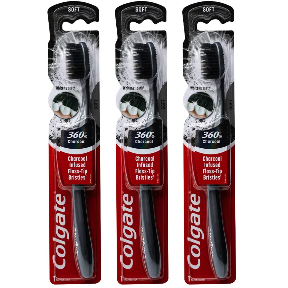 Colgate 360 Charcoal Infused Toothbrush Floss-Tip Bristles Soft (Colors Vary) - Pack Of 3