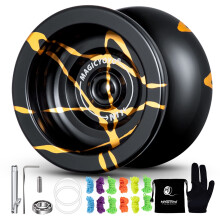 MAGICYOYO N11 Professional Unresponsive Yoyo N11 Alloy Aluminum YoYo Ball (Black with Golden) with Bag Glove 12 Yoyo Strings and Responsive Bea