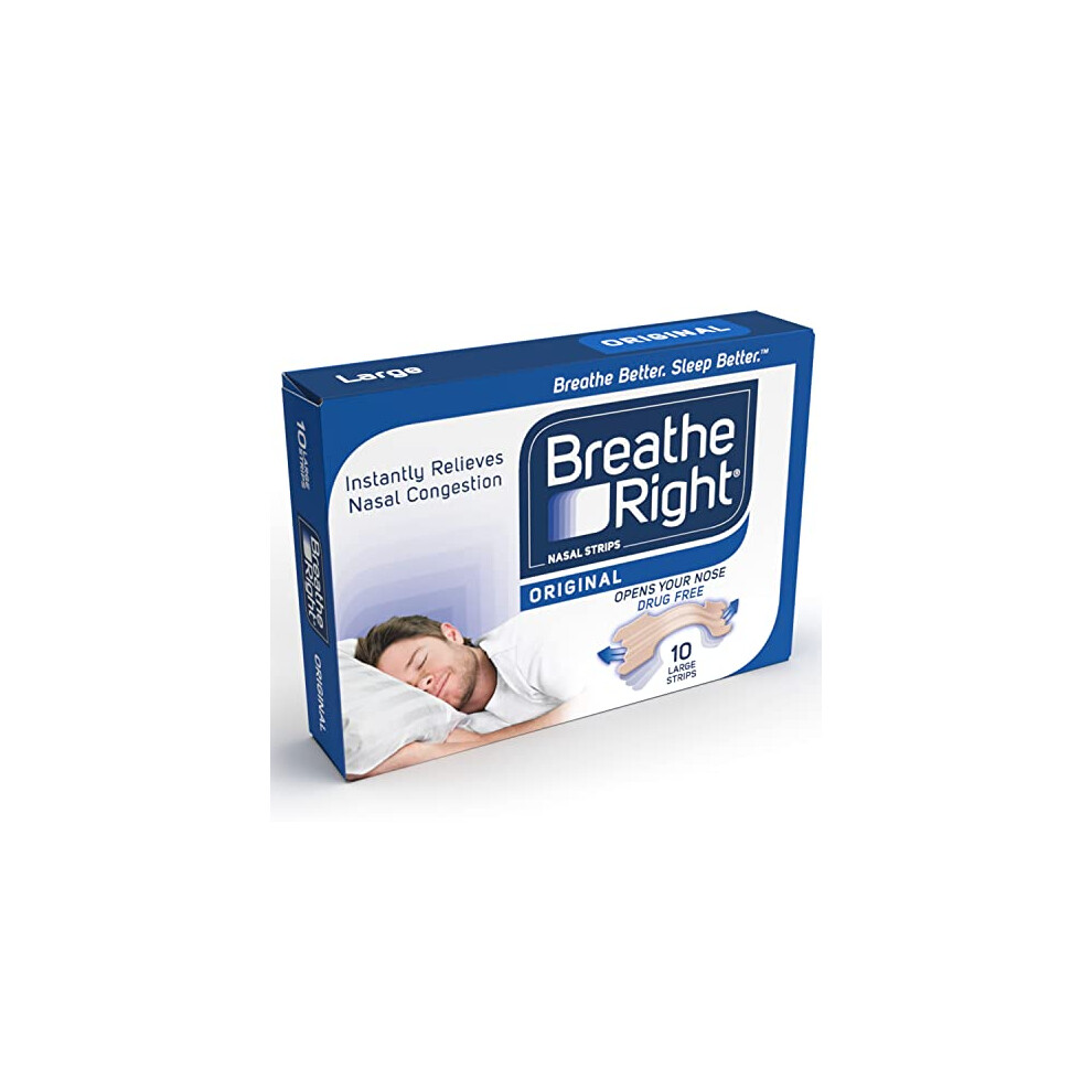 Breathe Right Nasal Strips Original Large 10S, Instantly Relieves Nasal Congestion, Helps Reduce Snoring, Drug-Free, Snoring Aid For Men And Women, 1