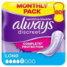 Always Discreet Incontinence Pads Long, 80 Pads (4 x 20 Pieces) Monthly Pack, Discreet Protection & High Absorbency, Odour-Neutralising (Packaging Ma