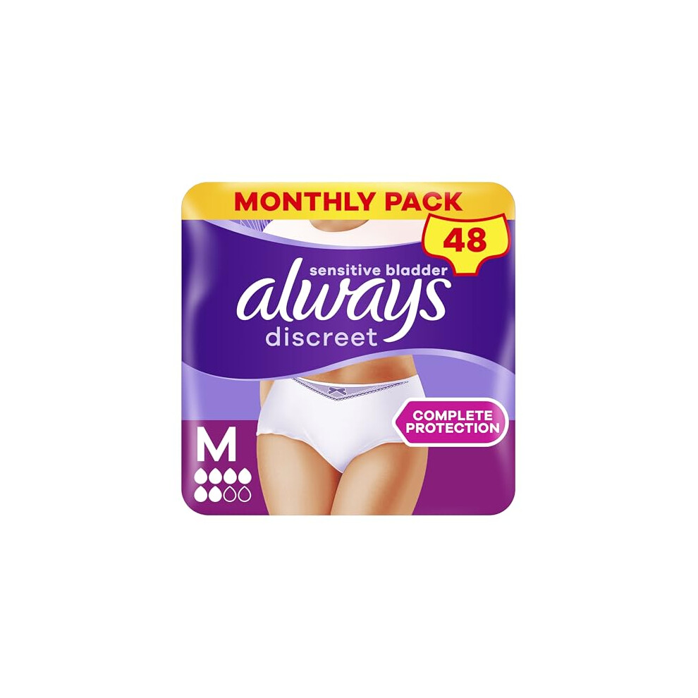 Always Discreet Incontinence Pants Women, Medium, Disposable Underwear Women, UK Size 8-14, White, Absorbency 6, 48 Underwear , Knickers (12 x 4 Pack