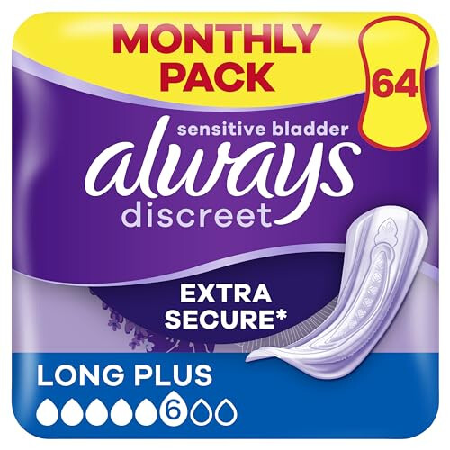 Always Always Discreet Incontinence Pads Women Long Plus 64 Count, Extra Secure & Discreet