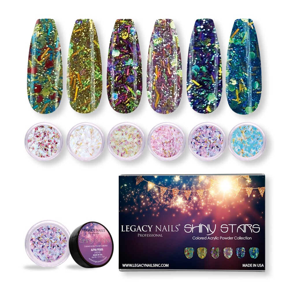 ÃLdre Negle Legacy Nails Professional Collection Acrylic Powder Kit 6 Colors Nail Art Set For Manicure Diy For Dip & Acrylic Nail Extensions (Shiny Stars Collecti