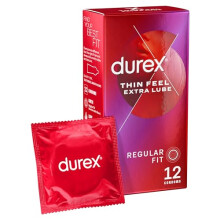 Durex Thin Feel Extra Lube Condoms, Regular Fit, 12 Pack, Secure Natural Latex, Silicone Lubricant, Easy On Shape, Enhanced Sensitivity, Comfortable,