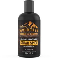 Rocky Mountain Barber Company Cedar Spice Bagnoschiuma All-In-One - Shampoo bagnoschiuma balsamo detergente viso e detergente barba con oli essen
