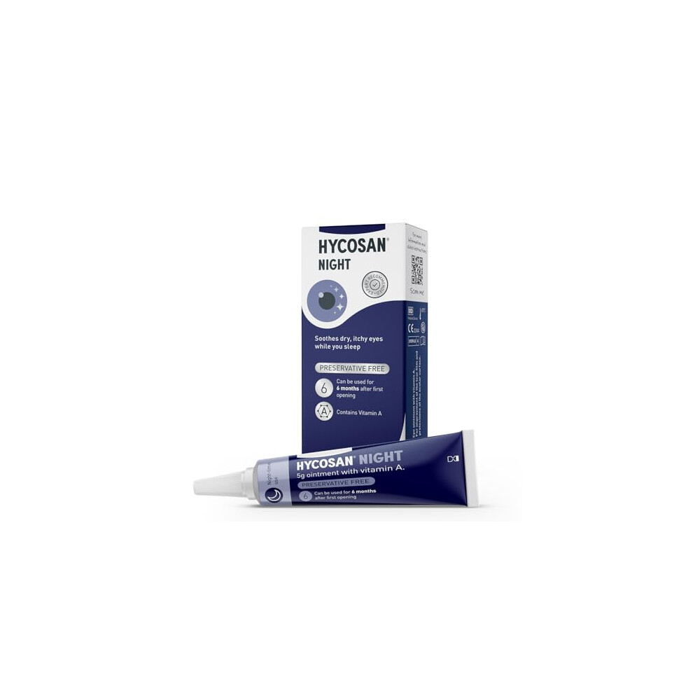 Hycosan Night - Soothing Relief And Protection Against Dry, Tired And Burning Eyes While You Sleep - With Vitamin A And Preservative Free - 300 Appli