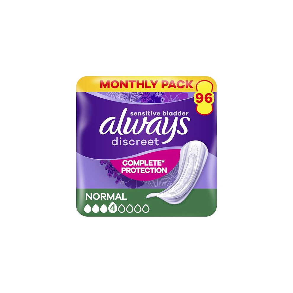 Always Discreet Incontinence Pads Women, Normal, Absorbency 3 or 4, 96 Sanitary Towels (24 x 4 Packs), Complete Protection for Bladder Weakness Pads