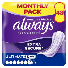 Always Discreet Incontinence Pads Women, Ultimate Day, Absorbency 6, 48 Sanitary Towels (12 x 4 Packs), Extra Secure Bladder Weakness Pads Women, Odo