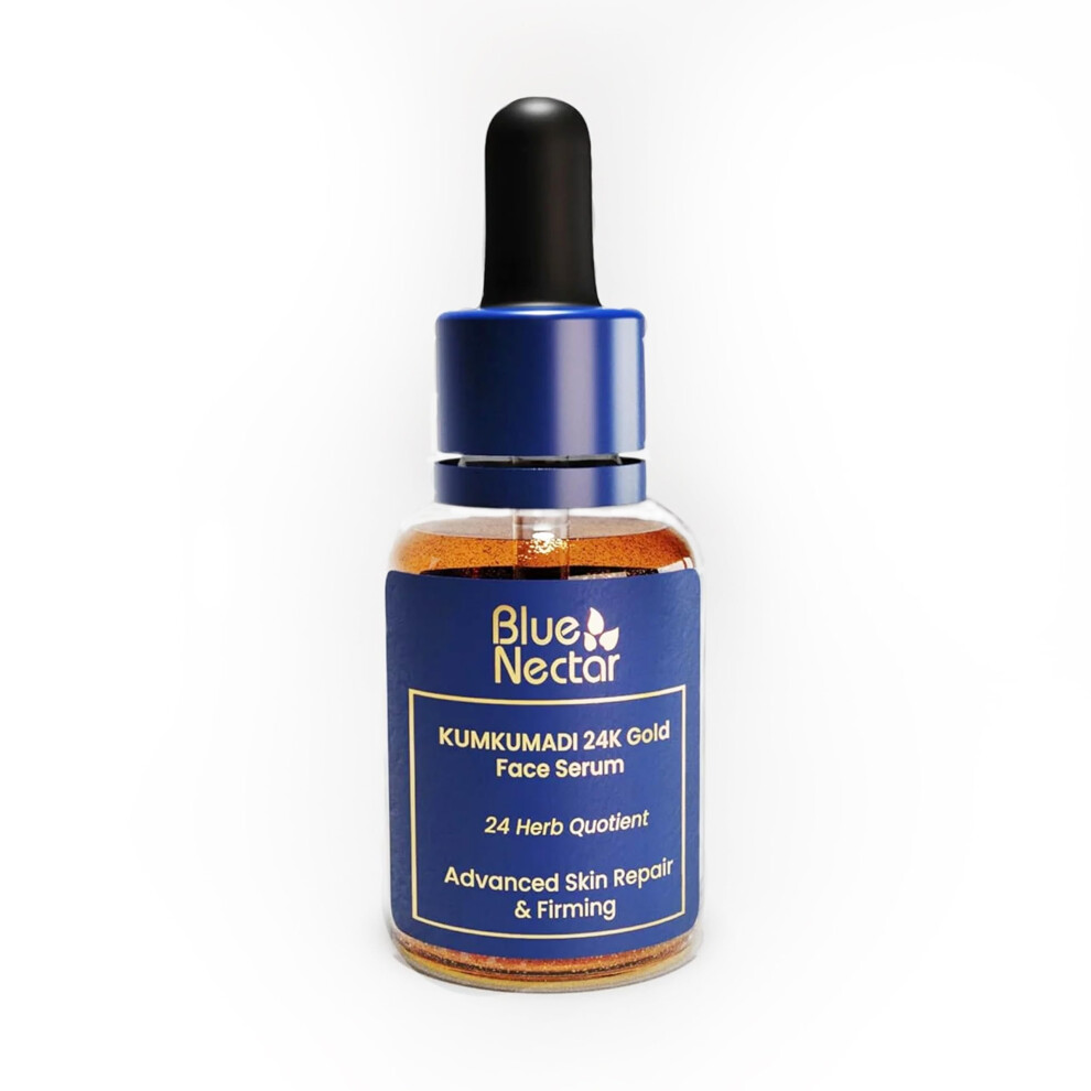 Blue Nectar Blue/Gold Nectar 24K Serum With Pure Kumkumadi Oil For Face | Ayurvedic Collagen Face Serum For Skin Tightening & Natural Radiance (24 Herbs, 0.33Fl O