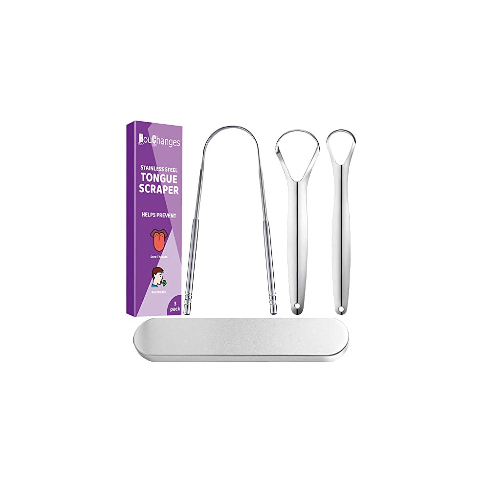 Houchanges 3 Kinds Tongue Scraper Gift Set,Stainless Steel Tongue Cleaners With Case Fresh Breath Restored Taste
