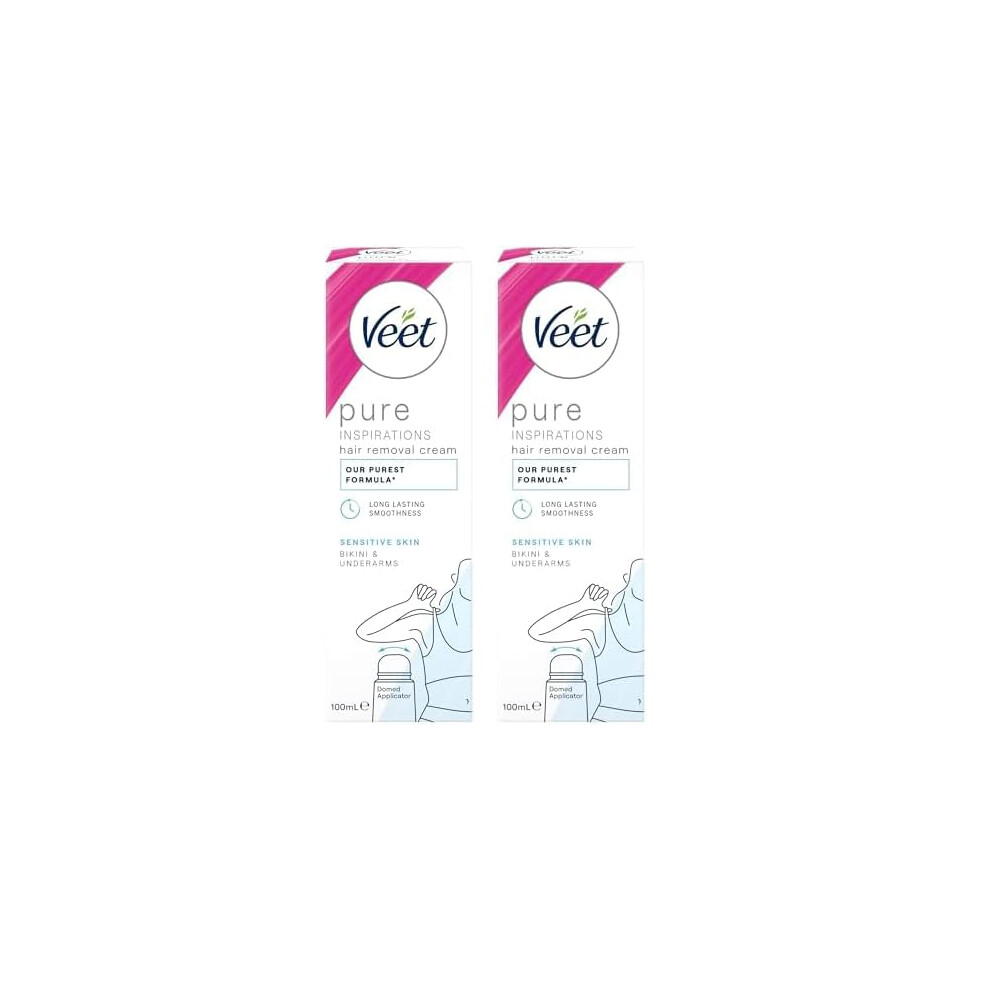 Veet Pure Hair Removal Cream, Bikini & Underarm, Sensitive Skin, 100ml each, BodyCurv Domed Applicator, Long Lasting Smoothness, Hydrates & Exfoliate