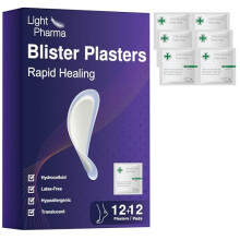 Light Pharma Blister Plasters for Feet, 12 Hydrocolloid Plasters for Blister Treatment & Prevention, Latex-Free, Translucent and Hypoallergenic (12 H