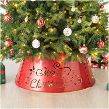 Glitzhome Metal Merry Christmas Diecut Tree Collar with Light String Tree Stand Cover Christmas Tree Ring for Christmas Decorations 26"""" D