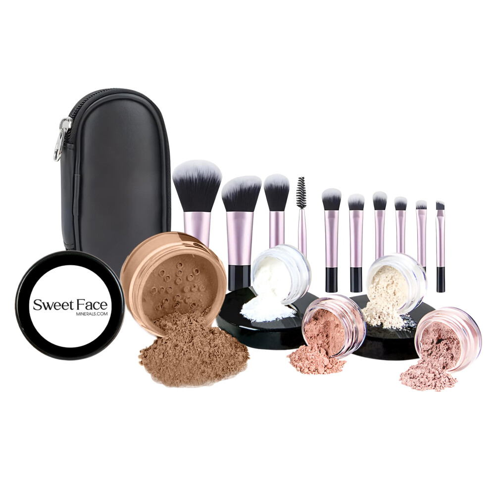 Sweet Face Minerals 16Pc Starter Kit With 10 Brushes Set (Cocoa) Mineral Makeup Bare Face Loose Powder Includes Matte Foundation Veil Primer Blush Bronzer Translucent