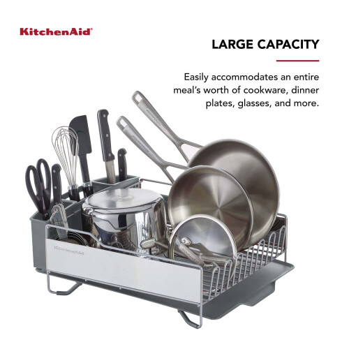 KitchenAid KitchenAid Large Capacity Full Size  Rust Resistan Dish Rack Angled Drain Board and Removable Flatware Caddy  Light Grey 1