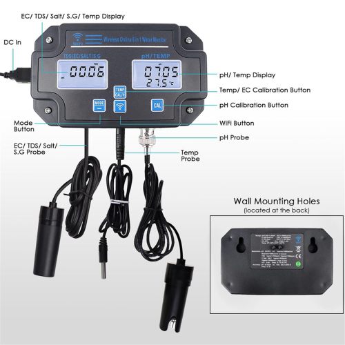 Έξυπνος μετρητής ποιότητας νερού 6 σε 1 PH/EC/TDS/Αλατότητας/SG Eu Plug 2