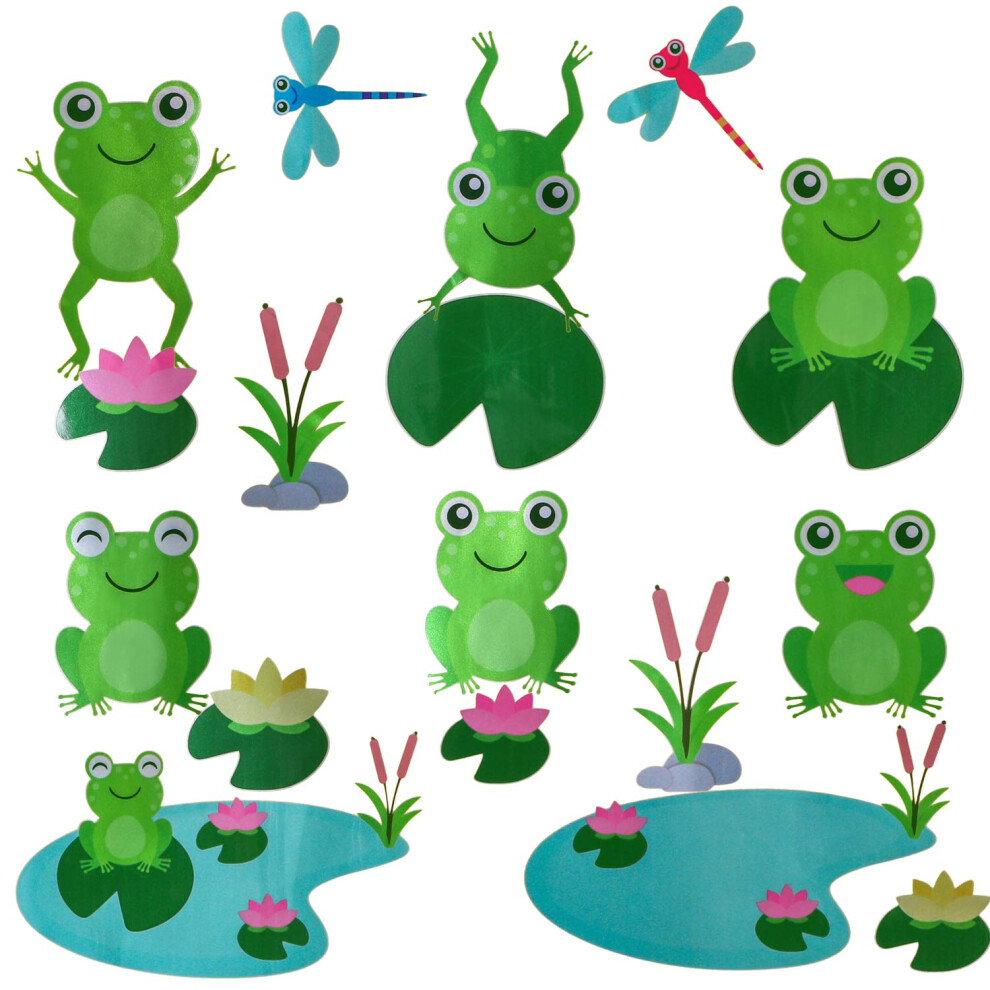 Cute Frog Decals Wall Stickers Jumping Frogs With Dragonflies And Lotus - Pond Friends Frog Window Sticker Set Individual Peel And Stick Graphics On A Ootsr