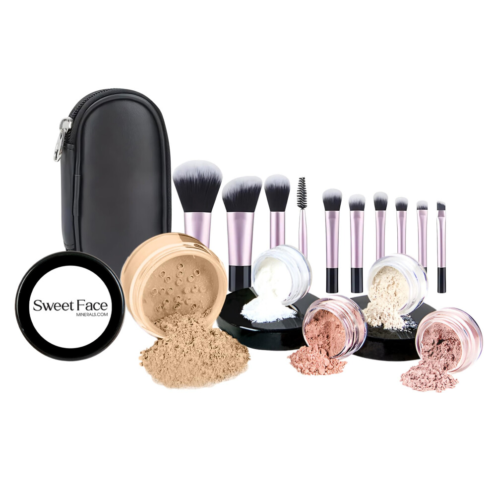 Sweet Face Minerals 16Pc Starter Kit With 10 Brushes Set (Warm) Mineral Makeup Bare Face Loose Powder Includes Matte Foundation Veil Primer Blush Bronzer Translucent