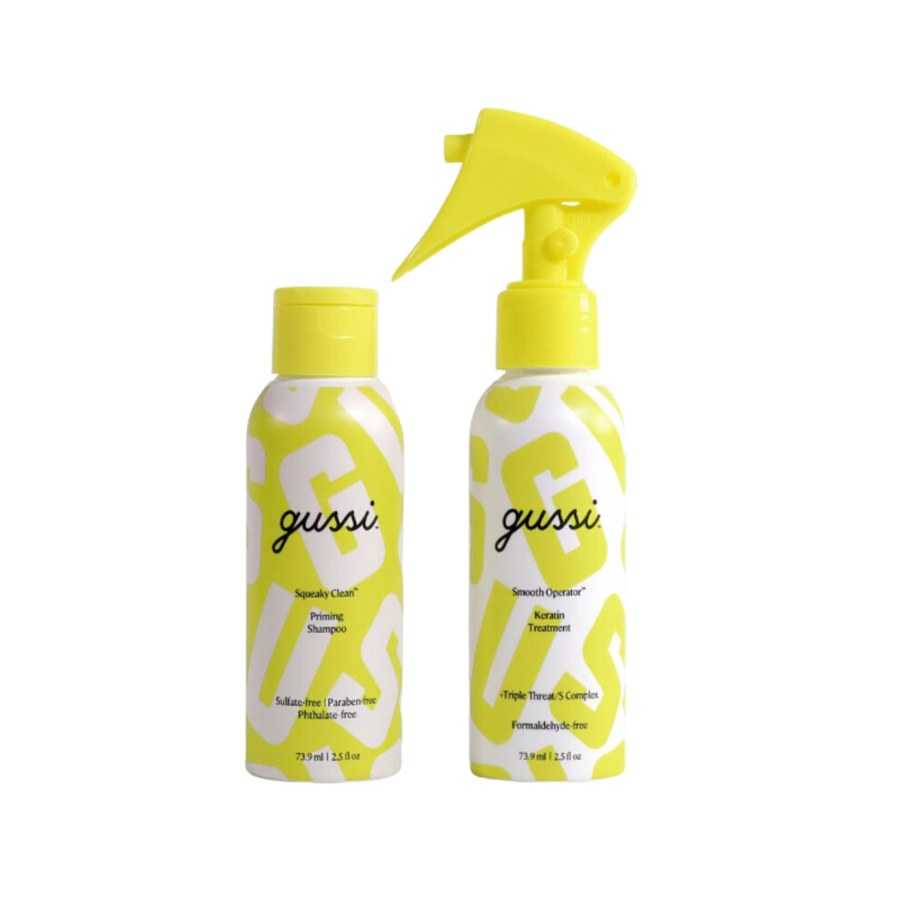 GUSSI HAIRCARE Keratin Treatment Kit - Hair Repair Treatment for Damaged or Frizzy Hair - 2.5 Fl Oz Conditioner - Includes Squeaky Clean Priming Shamp