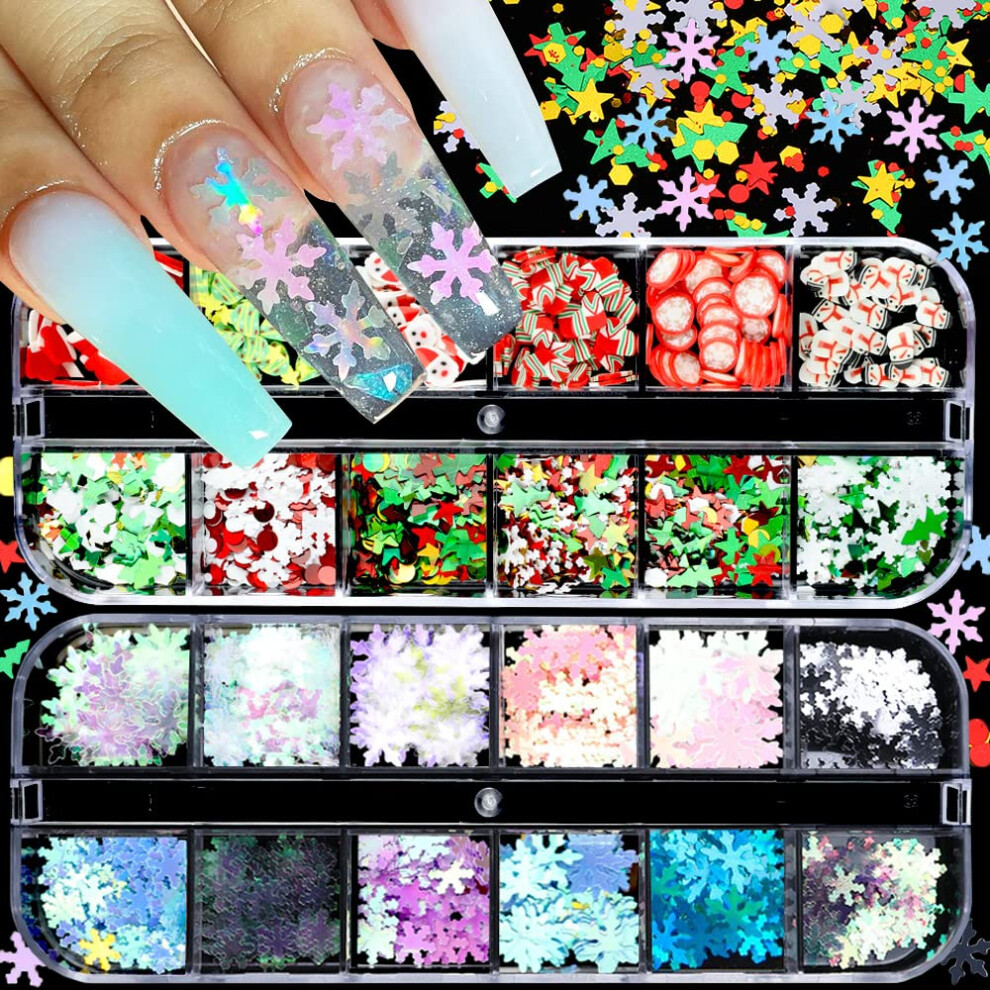Qdsuh Christmas Nail Glitter Sequins 24 Grids Holographic Snowflake Nail Art Flakes Xmas Tree Snowmen Santa Claus Stars Christmas Nail Design Winter Nail S